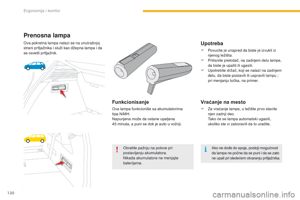 CITROEN C4 SPACETOURER 2016 Priručnik (in Serbian) 120
C4-Picasso-II_sr_Chap03_ergonomie-confort_ed01-2016
Prenosna lampa
Ova pokretna lampa nalazi se na unutrašnjoj
strani prtljažnika i služi kao džepna lampa i da
se osvetli prtljažnik.
Funkci CITROEN C4 SPACETOURER 2016 Priručnik (in Serbian) 120
C4-Picasso-II_sr_Chap03_ergonomie-confort_ed01-2016
Prenosna lampa
Ova pokretna lampa nalazi se na unutrašnjoj
strani prtljažnika i služi kao džepna lampa i da
se osvetli prtljažnik.
Funkci