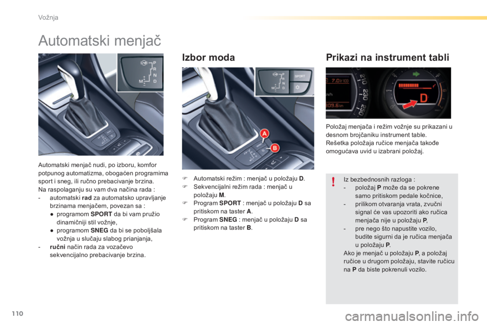 CITROEN C5 2016 Priručnik (in Serbian) 110
C5_sr_Chap04_conduite_ed01-2015
Izbor modaPrikazi na instrument tabli
F automatski režim : menjač u položaju D .
F se kvencijalni režim rada : menjač u
položaju M.
F
P
rogram SPORT : CITROEN C5 2016 Priručnik (in Serbian) 110
C5_sr_Chap04_conduite_ed01-2015
Izbor modaPrikazi na instrument tabli
F automatski režim : menjač u položaju D .
F se kvencijalni režim rada : menjač u
položaju M.
F
P
rogram SPORT :