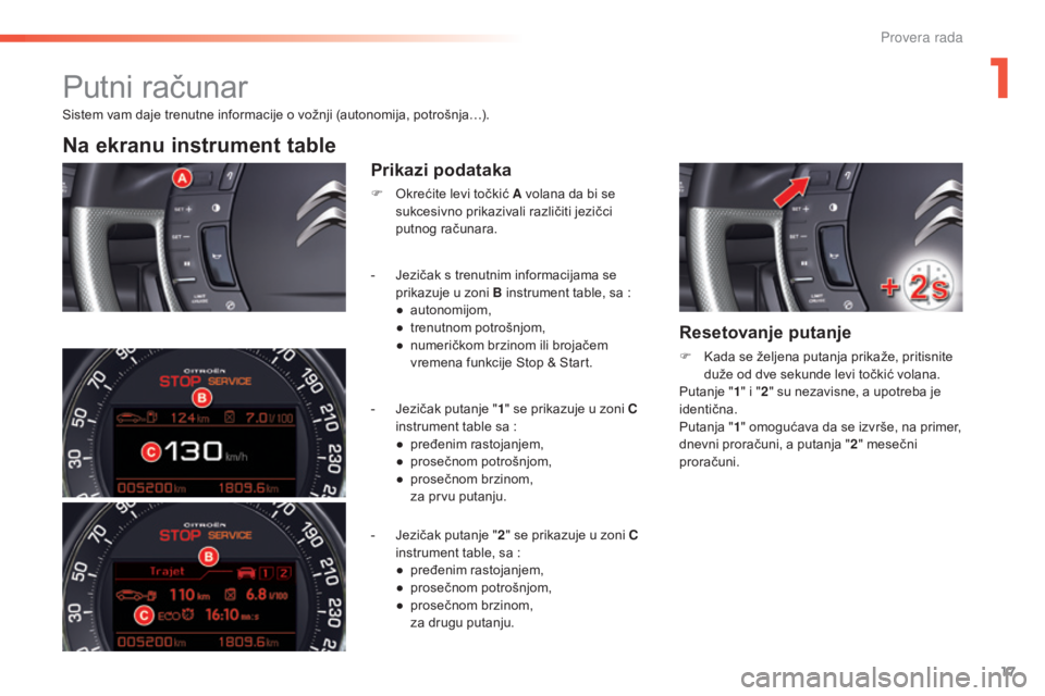 CITROEN C5 2016 Priručnik (in Serbian) 17
C5_sr_Chap01_controle-de-marche_ed01-2015
sistem vam daje trenutne informacije o vožnji (autonomija, potrošnja…).
Na ekranu instrument table
Prikazi podataka
F okrećite levi točkić A volana CITROEN C5 2016 Priručnik (in Serbian) 17
C5_sr_Chap01_controle-de-marche_ed01-2015
sistem vam daje trenutne informacije o vožnji (autonomija, potrošnja…).
Na ekranu instrument table
Prikazi podataka
F okrećite levi točkić A volana