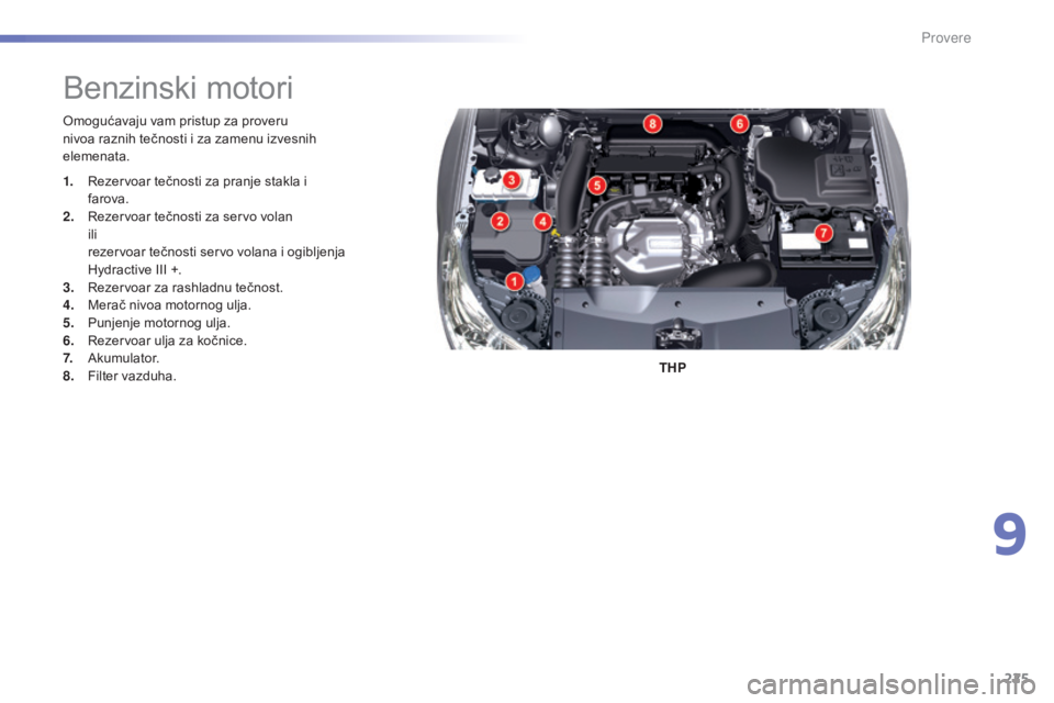 CITROEN C5 2016  Priručnik (in Serbian) 225
C5_sr_Chap09_verification_ed01-2015
omogućavaju vam pristup za proveru 
nivoa raznih tečnosti i za zamenu izvesnih 
elemenata.THP
Benzinski motori
1. rezervoar tečnosti za pranje stakla i farov