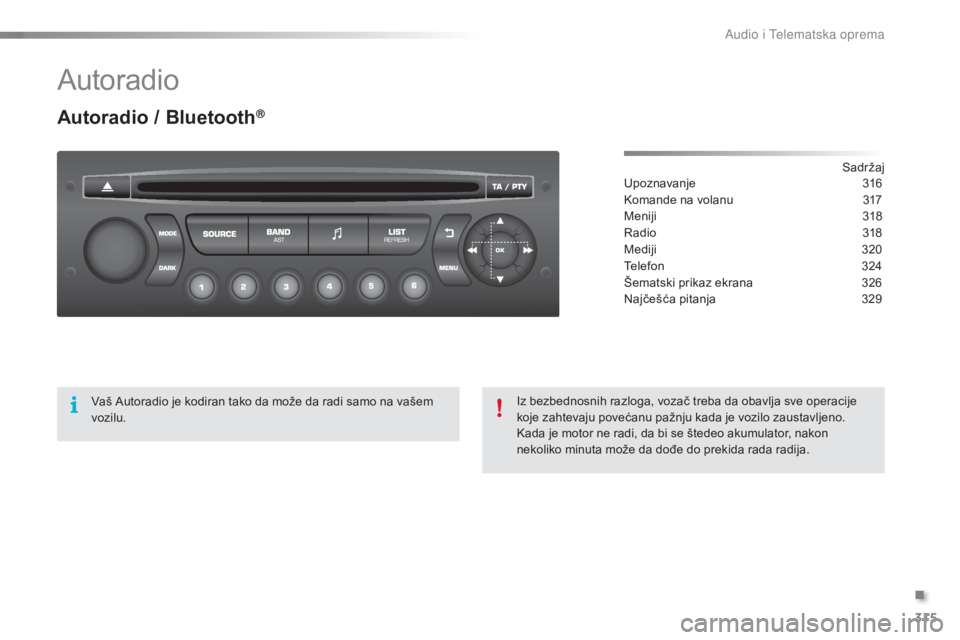CITROEN C5 2016  Priručnik (in Serbian) 315
C5_sr_Chap11c_rd45_ed01-2015
autoradio
Autoradio / Bluetooth®
sadržaj
Upoznavanje 3 16
ko

mande na volanu
 
3
 17
Meniji
 3

18
ra

dio
 3
 18
Mediji
 32

0
Telefon
 3

24
Šematski prikaz ekra
