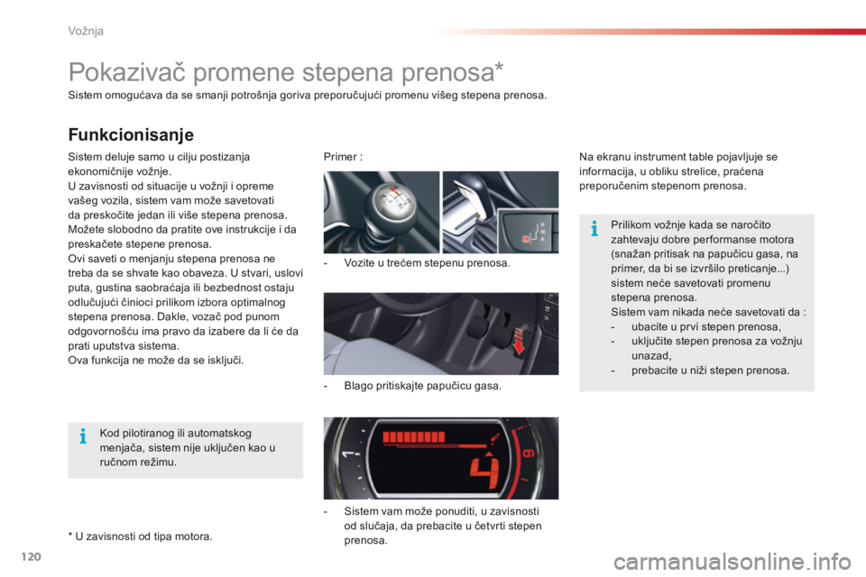 CITROEN C5 2015  Priručnik (in Serbian) 120
C5_sr_Chap04_conduite_ed01-2014
sistem omogućava da se smanji potrošnja goriva preporučujući promenu višeg stepena prenosa.
si
stem deluje samo u cilju postizanja 
ekonomičnije vožnje. 
U z