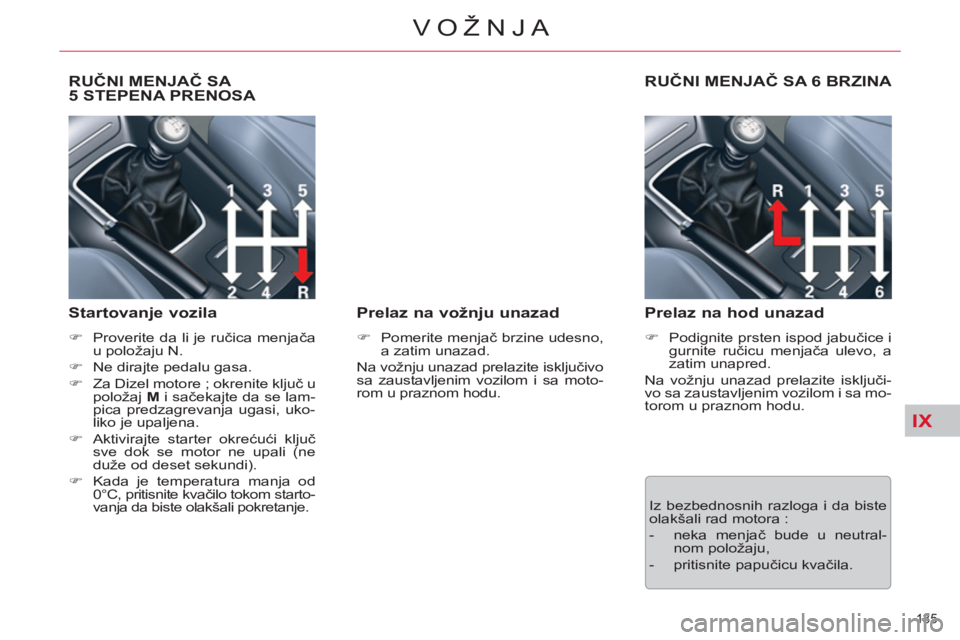 CITROEN C5 2014  Priručnik (in Serbian) IX
135 
VOŽNJA
   
 
 
 
 
 
RUČNI MENJAČ SA 
5 STEPENA PRENOSA 
   
Startovanje vozila 
 
 
 
�) 
  Proverite da li je ručica menjača 
u položaju N. 
   
�) 
  Ne dirajte pedalu gasa. 
   
�) 
