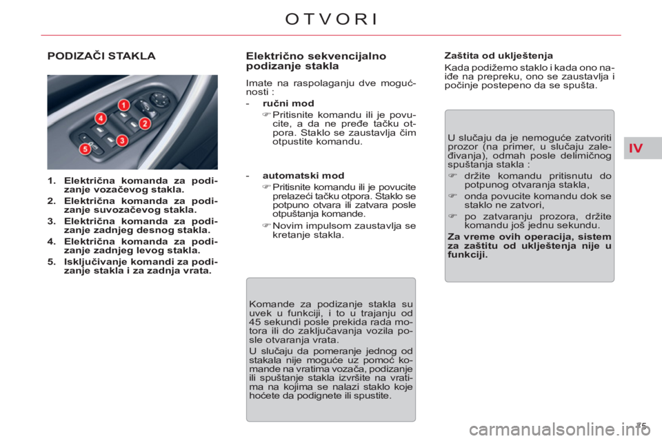 CITROEN C5 2014  Priručnik (in Serbian) IV
75 
OTVORI
PODIZAČI STAKLA 
 
 
 
1. 
  Električna komanda za podi-
zanje vozačevog stakla. 
 
   
2. 
  Električna komanda za podi-
zanje suvozačevog stakla. 
 
   
3. 
  Električna komanda 