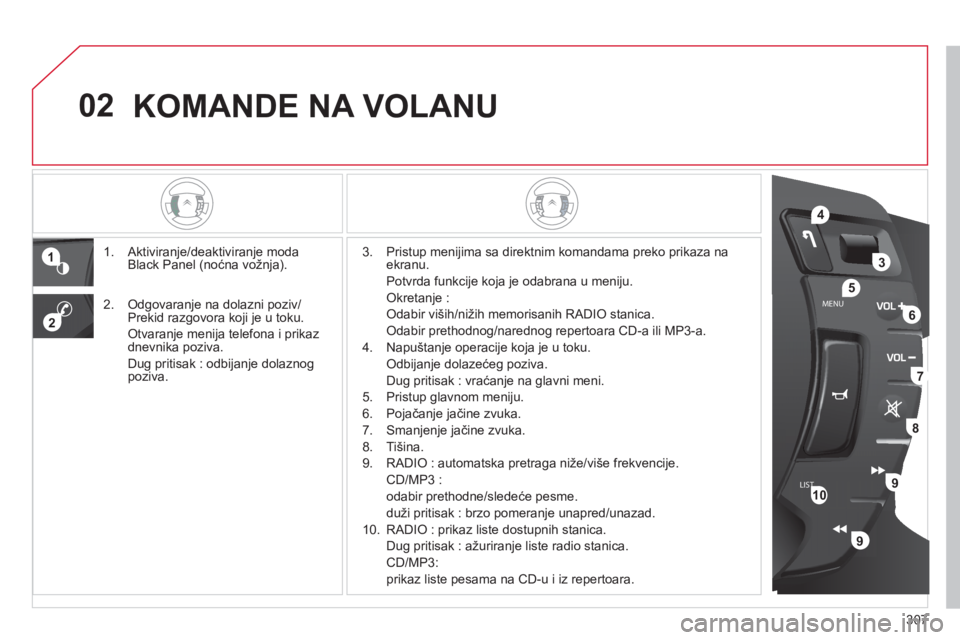 CITROEN C5 2012 Priručnik (in Serbian) 307
02
LISTMENU
1
2
4
3
5
6
7
8
9
9
10
KOMANDE NA VOLANU
1. Aktiviranje/deaktiviranje moda
Black Panel (noćna vožnja).
3. Pristup menijima sa direktnim komandama preko prikaza na ekranu.
P CITROEN C5 2012 Priručnik (in Serbian) 307
02
LISTMENU
1
2
4
3
5
6
7
8
9
9
10
KOMANDE NA VOLANU
1. Aktiviranje/deaktiviranje moda
Black Panel (noćna vožnja).
3. Pristup menijima sa direktnim komandama preko prikaza na ekranu.
P