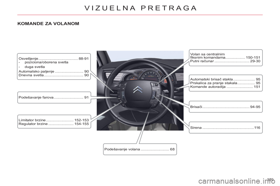 CITROEN C5 2012  Priručnik (in Serbian) 329 
VIZUELNA PRETRAGA
  Osvetljenje .................................... 88-91 
   
 
-  poziciona/oborena svetla 
   
-  duga svetla  
  Automatsko paljenje .......................... 90 
  Dnevna s