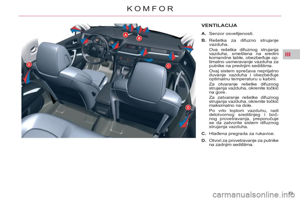 CITROEN C5 2012  Priručnik (in Serbian) III
49 
KOMFOR
VENTILACIJA 
   
 
A. 
 Senzor osvetljenosti. 
   
B. 
 Rešetka za difuzno strujanje 
vazduha.  
  Ova rešetka difuznog strujanja 
vazduha, smeštena na sredini 
komandne table, obezb