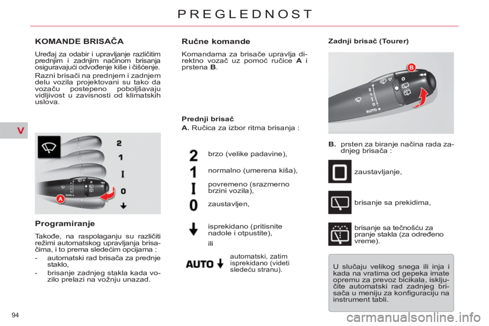 CITROEN C5 2012 Priručnik (in Serbian) V
94
PREGLEDNOST
KOMANDE BRISAČA
Uređaj za odabir i upravljanje različitim
prednjim i zadnjim načinom brisanja
osiguravajući odvođenje kiše i čišćenje.
Razni brisači na prednjem i CITROEN C5 2012 Priručnik (in Serbian) V
94
PREGLEDNOST
KOMANDE BRISAČA
Uređaj za odabir i upravljanje različitim
prednjim i zadnjim načinom brisanja
osiguravajući odvođenje kiše i čišćenje.
Razni brisači na prednjem i