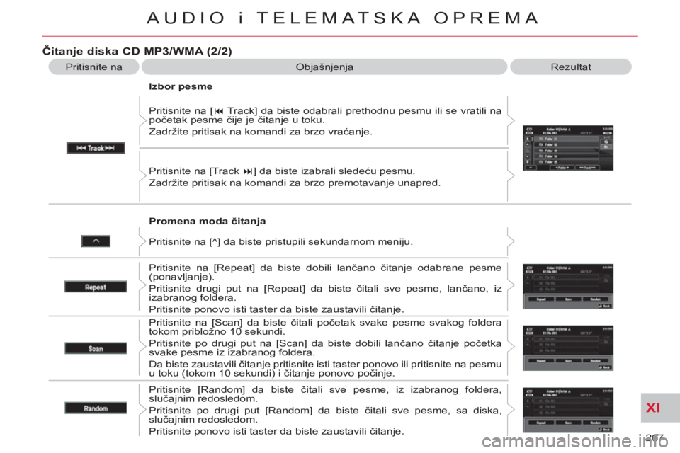 CITROEN C-CROSSER 2012  Priručnik (in Serbian) XI
207 
AUDIO i TELEMATSKA OPREMA
   
Promena moda čitanja    Pritisnite na [ � 
 Track] da biste odabrali prethodnu pesmu ili se vratili na 
početak pesme čije je čitanje u toku. 
  Zadržite pr