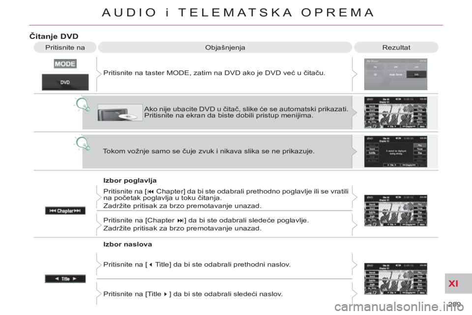 CITROEN C-CROSSER 2012  Priručnik (in Serbian) XI
209 
AUDIO i TELEMATSKA OPREMA
Čitanje DVD 
 
Rezultat   
Objašnjenja 
   
Izbor poglavlja    Pritisnite na taster MODE, zatim na DVD ako je DVD već u čitaču. 
  Ako nije ubacite DVD u čitač