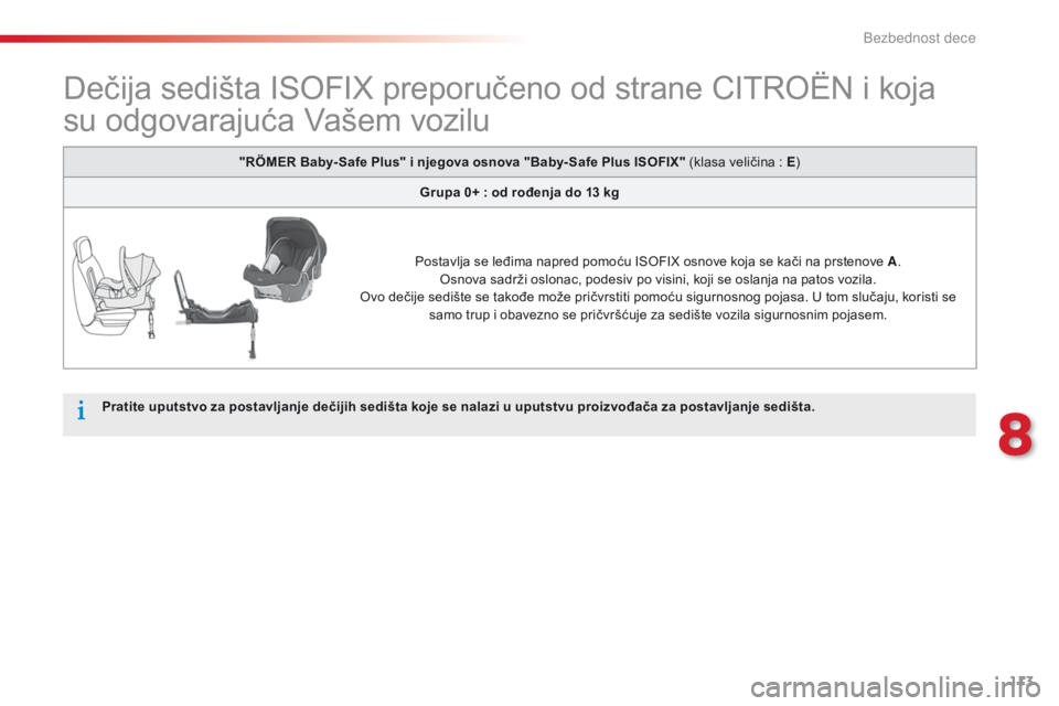 CITROEN C-ELYSÉE 2016  Priručnik (in Serbian) 113
dečija sedišta isoFiX p reporučeno od strane CiTr oËn  i koja 
su odgovarajuća Vašem vozilu
Pratite uputstvo za postavljanje dečijih sedišta koje se nalazi u uputstvu proizvođača za post