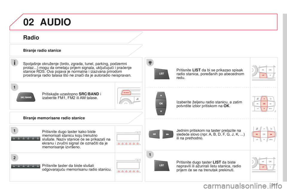 CITROEN C-ELYSÉE 2016 Priručnik (in Serbian) 02
2 11
AUDIO
Pritiskajte uzastopno SRC/BAND i
izaberite FM1, FM2 ili a M talase.
Pritisnite taster da biste slušali
odgovarajuću memorisanu radio stanicu. Jednim pritiskom na taster prelazite na CITROEN C-ELYSÉE 2016 Priručnik (in Serbian) 02
2 11
AUDIO
Pritiskajte uzastopno SRC/BAND i
izaberite FM1, FM2 ili a M talase.
Pritisnite taster da biste slušali
odgovarajuću memorisanu radio stanicu. Jednim pritiskom na taster prelazite na