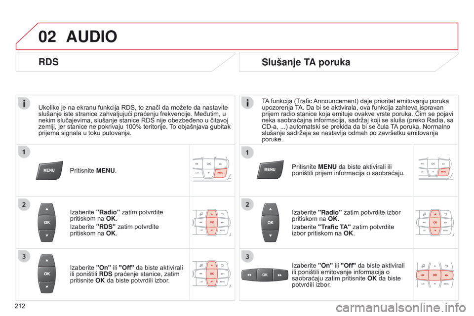 CITROEN C-ELYSÉE 2016 Priručnik (in Serbian) 02
212Ukoliko je na ekranu funkcija rds , to znači da možete da nastavite
slušanje iste stranice zahvaljujući praćenju frekvencije. Međutim, u
nekim slučajevima, slušanje stanice rds nije CITROEN C-ELYSÉE 2016 Priručnik (in Serbian) 02
212Ukoliko je na ekranu funkcija rds , to znači da možete da nastavite
slušanje iste stranice zahvaljujući praćenju frekvencije. Međutim, u
nekim slučajevima, slušanje stanice rds nije