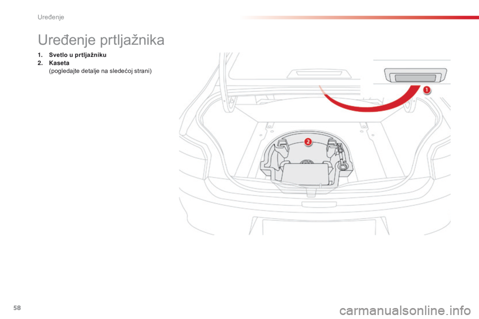 CITROEN C-ELYSÉE 2016  Priručnik (in Serbian) 58
Uređenje prtljažnika
1. Svetlo u pr tljažniku
2. Kaseta 
 (

pogledajte detalje na sledećoj strani) 
Uređenje  