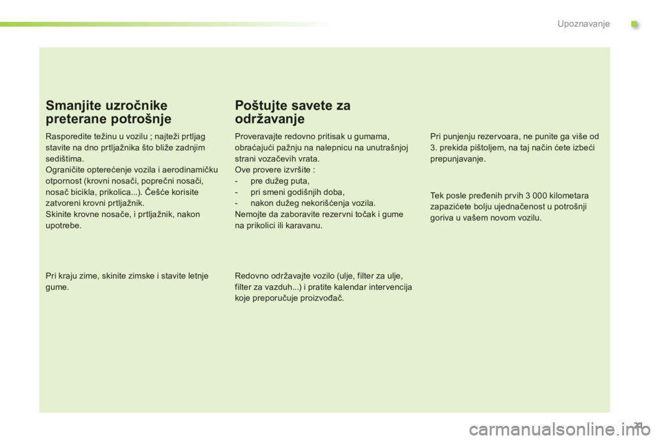 CITROEN C-ELYSÉE 2014  Priručnik (in Serbian) .
21
Upoznavanje
Smanjite uzročnike 
preterane potrošnje 
Rasporedite težinu u vozilu ; najteži prtljag stavite na dno pr tljažnika što bliže zadnjimsedištima.Ograničite opterećenje vozila i