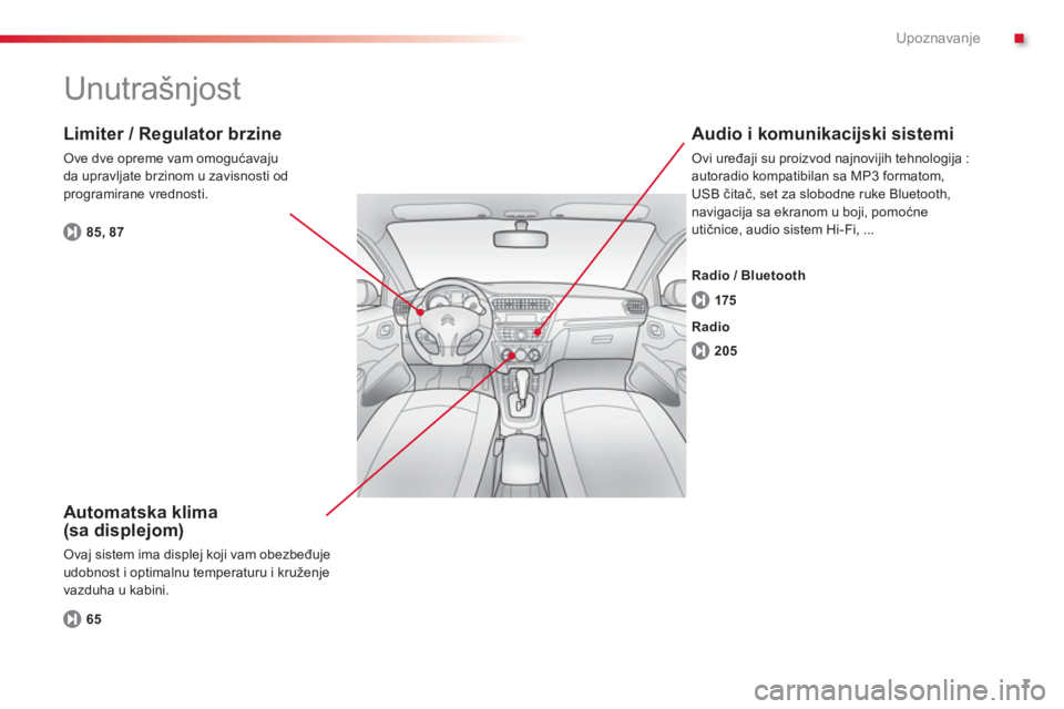 CITROEN C-ELYSÉE 2014  Priručnik (in Serbian) .
7
Upoznavanje
  Unutrašnjost  
 
 Automatska klima(sa displejom) 
 Ovaj sistem ima displej koji vam obezbeđuje
udobnost i optimalnu temperaturu i kruženje 
vazduha u kabini.
   
Limiter / Regulat
