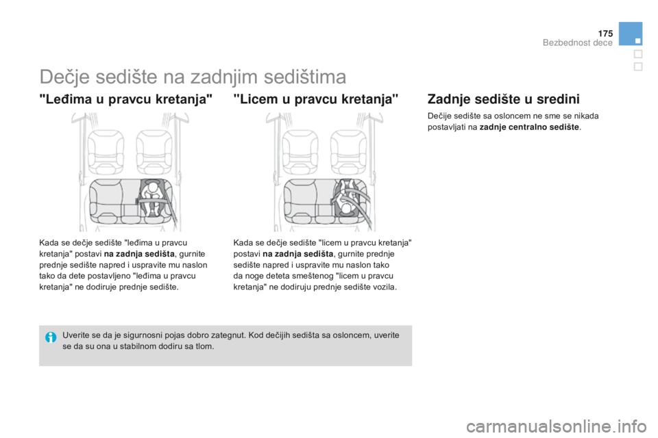 CITROEN DS3 2015  Priručnik (in Serbian) 175
ds3_sr_Chap09_securite-enfants_ed01-2014
dečje sedište na zadnjim sedištima
"Leđima	u 	p ravcu 	kre tanja"
kada se dečje sedište "leđima u pravcu 
kretanja" postavi na zadnj