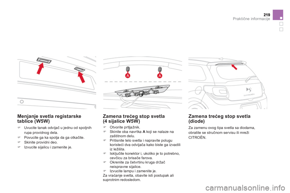 CITROEN DS3 2014  Priručnik (in Serbian) Praktične informacije
Zamena trećeg stop svetla (4 sijalice W5W)
�) 
 Otvorite prtljažnik. �) 
 Skinite oba navr tka  Akoji se nalaze nazaštitnom delu. �) 
  Pritisnite telo svetla i napravite pol