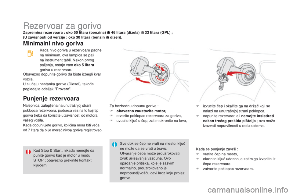 CITROEN DS3 CABRIO 2016 Priručnik (in Serbian) DS3_sr_Chap08_info-pratiques_ed01-2015
Rezervoar za gorivoZapremina rezer voara : oko 50 litara (benzina) ili 46 litara (dizela) ili 33 litara (GPL) ;
( U zavisnosti od verzije : oko 30 litara (be CITROEN DS3 CABRIO 2016 Priručnik (in Serbian) DS3_sr_Chap08_info-pratiques_ed01-2015
Rezervoar za gorivoZapremina rezer voara : oko 50 litara (benzina) ili 46 litara (dizela) ili 33 litara (GPL) ;
( U zavisnosti od verzije : oko 30 litara (be