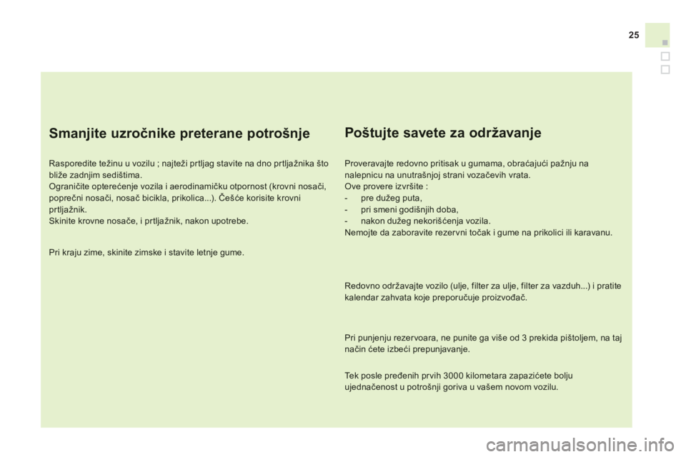CITROEN DS3 CABRIO 2014  Priručnik (in Serbian) 25
   
Smanjite uzročnike preterane potrošnje 
 
 
Rasporedite težinu u vozilu ; najteži pr tljag stavite na dno pr tljažnika štobliže zadnjim sedištima.  Ograničite opterećenje vozila i aer