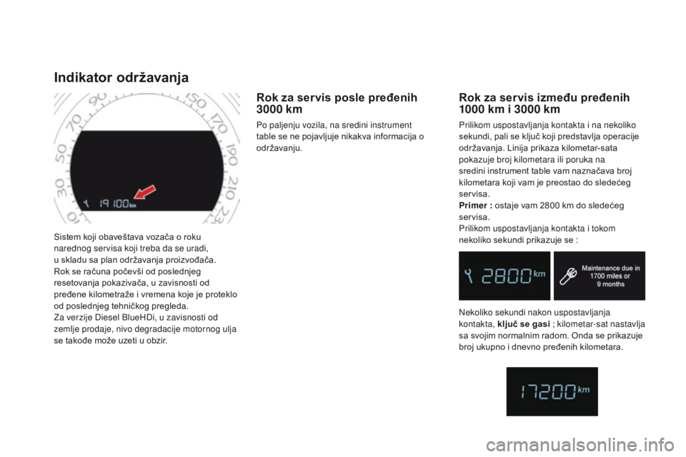 CITROEN DS4 2015  Priručnik (in Serbian) DS4_sr_Chap01_controle-de-marche_ed02-2015
Sistem koji obaveštava vozača o roku 
narednog servisa koji treba da se uradi,  
u skladu sa plan održavanja proizvođača.
Rok se računa počevši od po