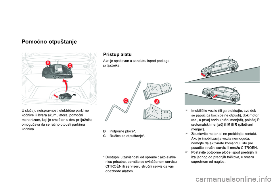 CITROEN DS4 2014  Priručnik (in Serbian)   U slučaju neispravnosti električne parkirne 
kočnice ili kvara akumulatora, pomoćni 
mehanizam, koji je smešten u dnu prtljažnika 
omogućava da se ručno otpusti parkirna 
kočnica. 
 
 
 
 
