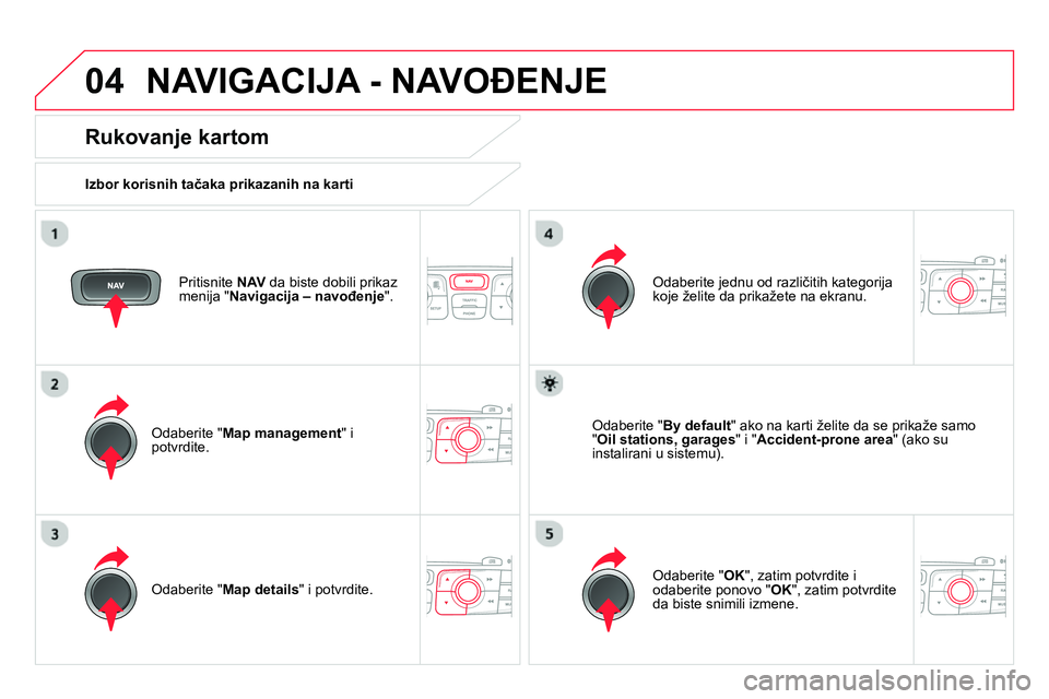 CITROEN DS4 2014  Priručnik (in Serbian) 04  NAVIGACIJA - NAVOĐENJE 
 
 
Pritisnite  NAV 
 da biste dobili prikaz 
menija " Navigacija – navođenje 
".  
 
 
Rukovanje kartom 
 
 
Izbor korisnih tačaka prikazanih na karti  
   
Odaberite