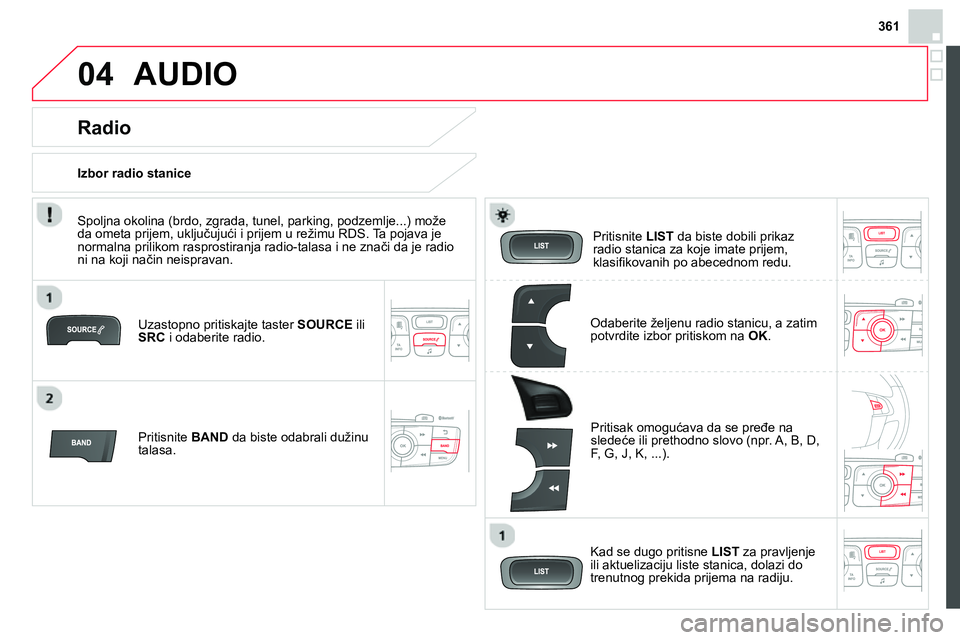 CITROEN DS4 2014  Priručnik (in Serbian) 361
04  AUDIO 
 
 
Uzastopno pritiskajte taster  SOURCE 
 ili 
  SRC 
 i odaberite radio.  
   
Pritisnite  BAND 
 da biste odabrali dužinu 
talasa.     
Pritisnite  LIST 
 da biste dobili prikaz 
ra