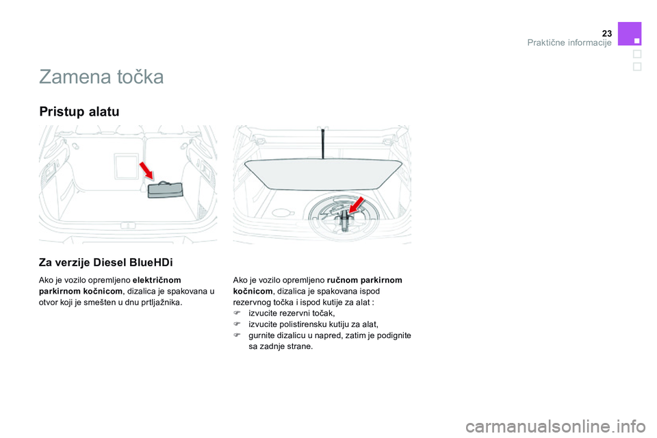 CITROEN DS4 2014  Priručnik (in Serbian) 23Praktične informacije
Ds4-add_sr_Chap11_info-pratiques_ed02-2013
           Z a m e n a   t o č k a  
  Pristup  alatu 
  Za verzije Diesel BlueHDi 
 Ako je vozilo opremljeno  ručnom parkirnom ko