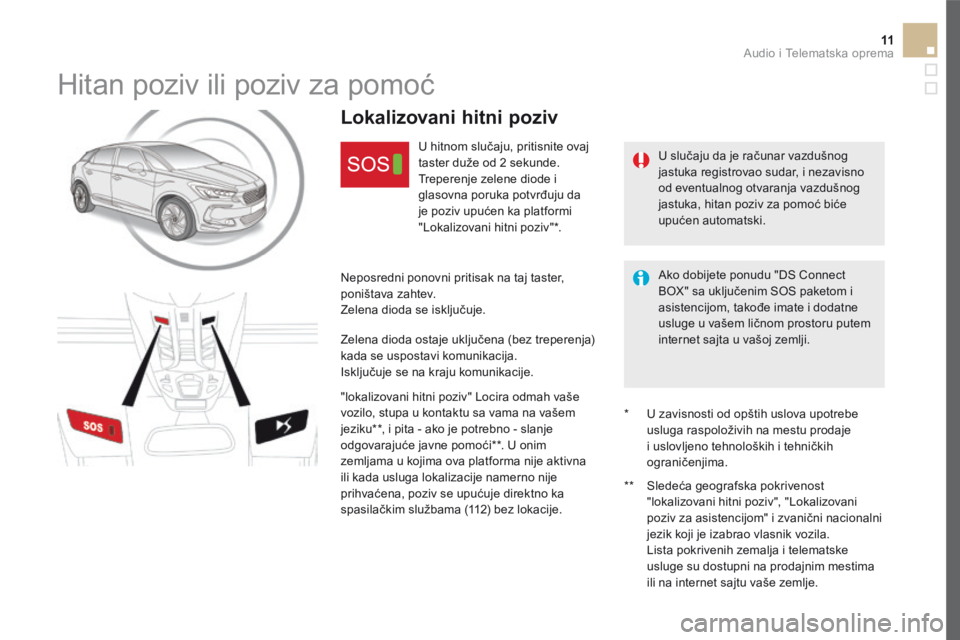 CITROEN DS5 2016 Priručnik (in Serbian) 11 Audio i Telematska oprema
DS5_Additif_sr_Chap11b_BTA_ed03-2015
Hitan poziv ili poziv za pomoć
U slučaju da je računar vazdušnog jastuka registrovao sudar, i nezavisno od eventualnog CITROEN DS5 2016 Priručnik (in Serbian) 11 Audio i Telematska oprema
DS5_Additif_sr_Chap11b_BTA_ed03-2015
Hitan poziv ili poziv za pomoć
U slučaju da je računar vazdušnog jastuka registrovao sudar, i nezavisno od eventualnog