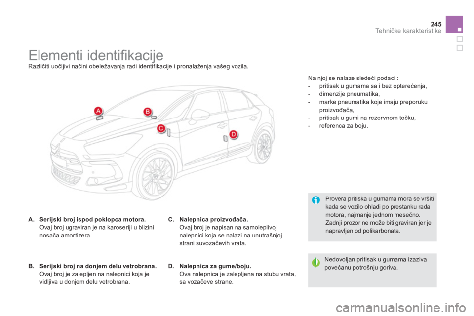 CITROEN DS5 2013  Priručnik (in Serbian) 245
Tehničke karakteristike
 
 
 
 
 
 
 
 
 
 
 
 
 
 
 
 
 
 
 
 
 
 
 
 
Elementi identiﬁ kacije  
Različiti uočljivi načini obeležavanja radi identifikacije i pronalaženja vašeg vozila. 
