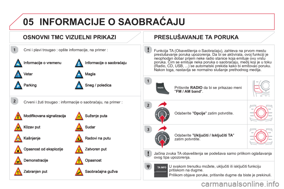CITROEN DS5 2013  Priručnik (in Serbian) 05INFORMACIJE O SAOBRAĆAJU 
 
 
 
 
 
 
 
OSNOVNI TMC VIZUELNI PRIKAZI 
 
 Crveni i žuti trougao : informacije o saobraćaju, na primer :    
Crni i plavi trou
gao : opšte informacije, na primer : 