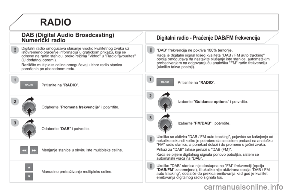 CITROEN DS5 2013  Priručnik (in Serbian)    Pritisnite na " RADIO".
 
 
 
 
 
 
DAB (Digital Audio Broadcasting) 
Numerički radio 
(g(g
 
 
Digitalni radio omogućava slušanje visoko kvalitetnog zvuka uz
istovremeno pračenje informacija u