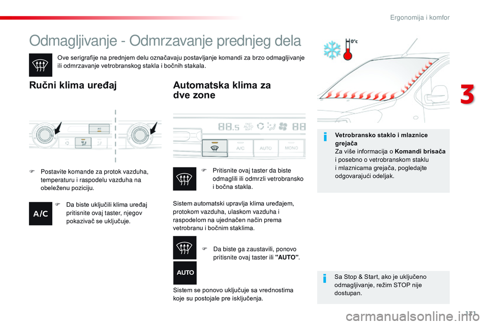 CITROEN JUMPER SPACETOURER 2017  Priručnik (in Serbian) 131
Spacetourer-VP_sr_Chap03_ergonomie-et-confort_ed01-2016
Odmagljivanje - Odmrzavanje prednjeg dela
Ove serigrafije na prednjem delu označavaju postavljanje komandi za brzo odmagljivanje 
ili odmrz