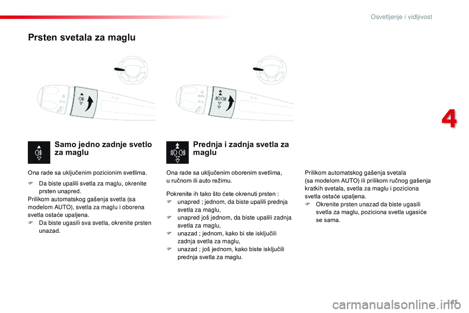 CITROEN JUMPER SPACETOURER 2017 Priručnik (in Serbian) 145
Spacetourer-VP_sr_Chap04_eclairage-et-visibilite_ed01-2016
Prsten svetala za maglu
Prednja i zadnja svetla za
maglu
Samo jedno zadnje svetlo
za maglu
F Da biste upalili svetla za maglu, okrenite CITROEN JUMPER SPACETOURER 2017 Priručnik (in Serbian) 145
Spacetourer-VP_sr_Chap04_eclairage-et-visibilite_ed01-2016
Prsten svetala za maglu
Prednja i zadnja svetla za
maglu
Samo jedno zadnje svetlo
za maglu
F Da biste upalili svetla za maglu, okrenite