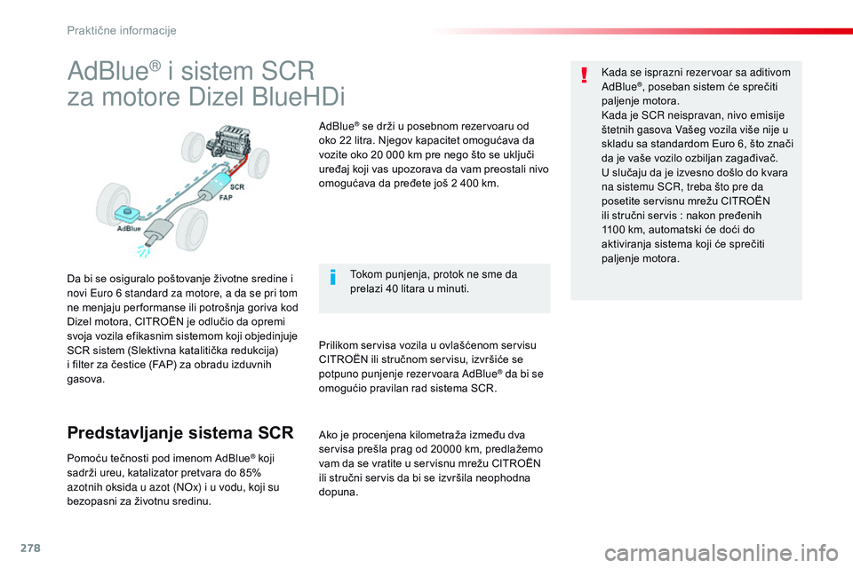CITROEN JUMPER SPACETOURER 2017  Priručnik (in Serbian) 278
Spacetourer-VP_sr_Chap07_info-pratiques_ed01-2016
AdBlue® i sistem SCR
za motore Dizel BlueHDi
Da bi se osiguralo poštovanje životne sredine i 
novi Euro 6 standard za motore, a da se pri tom 
