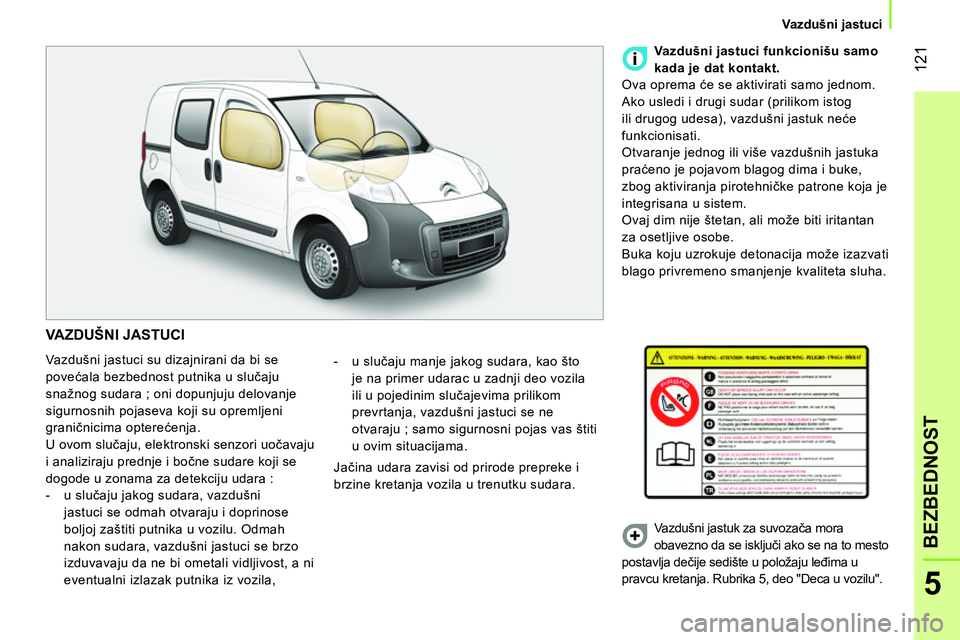 CITROEN NEMO 2014 Priručnik (in Serbian) 121
5
BEZBEDNOST
Vazdušni jastuci
VAZDUŠNI JASTUCI
Vazdušni jastuci su dizajnirani da bi se
povećala bezbednost putnika u slučaju
snažnog sudara ; oni dopunjuju delovanje
s CITROEN NEMO 2014 Priručnik (in Serbian) 121
5
BEZBEDNOST
Vazdušni jastuci
VAZDUŠNI JASTUCI
Vazdušni jastuci su dizajnirani da bi se
povećala bezbednost putnika u slučaju
snažnog sudara ; oni dopunjuju delovanje
s