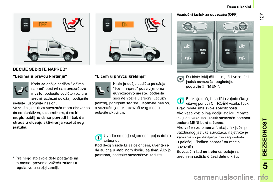 CITROEN NEMO 2014 Priručnik (in Serbian) 127
5
BEZBEDNOST
Deca u kabini
DEČIJE SEDIŠTE NAPRED *
"Leđima u pravcu kretanja"
Kada se dečije sedište "leđima
napred" postavi na suvozačevo
mesto
CITROEN NEMO 2014 Priručnik (in Serbian) 127
5
BEZBEDNOST
Deca u kabini
DEČIJE SEDIŠTE NAPRED *
"Leđima u pravcu kretanja"
Kada se dečije sedište "leđima
napred" postavi na suvozačevo
mesto
