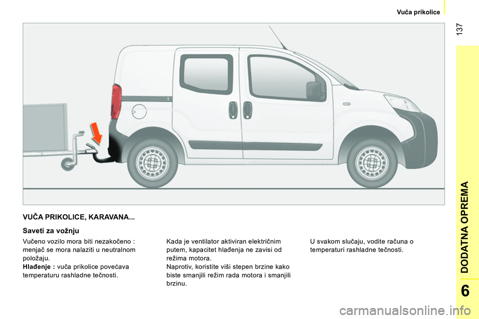 CITROEN NEMO 2014  Priručnik (in Serbian)  137
6
DODATNA OPREMA
 
 
 
Vuča prikolice  
 
 
VUČA PRIKOLICE, KARAVANA... 
 
 
Saveti za vožnju 
 
Kada je ventilator aktiviran električnim 
putem, kapacitet hlađenja ne zavisi od 
režima mot