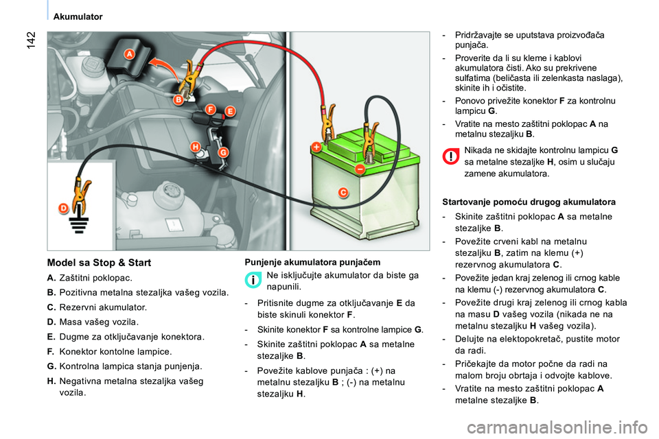 CITROEN NEMO 2014 Priručnik (in Serbian) 142
Akumulator
Model sa Stop & Start
A.
Zaštitni poklopac.
B.
Pozitivna metalna stezaljka vašeg vozila.
C.
Rezervni akumulator.
D.
Masa vašeg vozila.
E.
CITROEN NEMO 2014 Priručnik (in Serbian) 142
Akumulator
Model sa Stop & Start
A.
Zaštitni poklopac.
B.
Pozitivna metalna stezaljka vašeg vozila.
C.
Rezervni akumulator.
D.
Masa vašeg vozila.
E.
