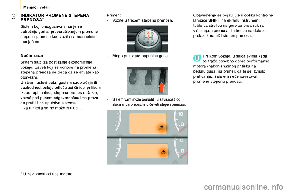 CITROEN NEMO 2014 Priručnik (in Serbian) 50
Menjač i volan
INDIKATOR PROMENE STEPENA
PRENOSA *
Sistem koji omogućava smanjenje
potrošnje goriva preporučivanjem promene
stepena prenosa kod vozila CITROEN NEMO 2014 Priručnik (in Serbian) 50
Menjač i volan
INDIKATOR PROMENE STEPENA
PRENOSA *
Sistem koji omogućava smanjenje
potrošnje goriva preporučivanjem promene
stepena prenosa kod vozila