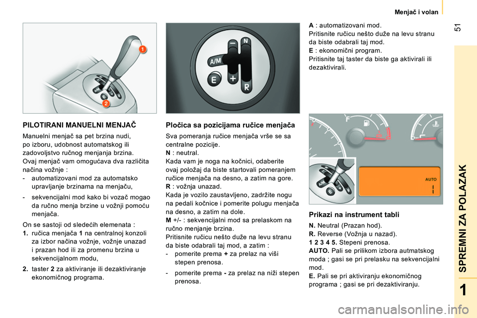 CITROEN NEMO 2014 Priručnik (in Serbian) 51
1
SPREMNI ZA POLAZAK
Menjač i volan
PILOTIRANI MANUELNI MENJAČ
Manuelni menjač sa pet brzina nudi,
po izboru, udobnost automatskog ili
zadovoljstvo ručnog menjanja brzina.
Ovaj menja CITROEN NEMO 2014 Priručnik (in Serbian) 51
1
SPREMNI ZA POLAZAK
Menjač i volan
PILOTIRANI MANUELNI MENJAČ
Manuelni menjač sa pet brzina nudi,
po izboru, udobnost automatskog ili
zadovoljstvo ručnog menjanja brzina.
Ovaj menja