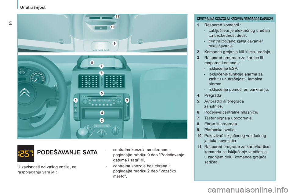 CITROEN NEMO 2013  Priručnik (in Serbian)    
 
Unutrašnjost  
 
10 
 
CENTRALNA KONZOLA I KROVNA PREGRADA KAPUCIN 
 
 
 
1. 
  Raspored komandi : 
   
 
-  zaključavanje električnog uređaja 
za bezbednost dece, 
   
-  centralizovano zak