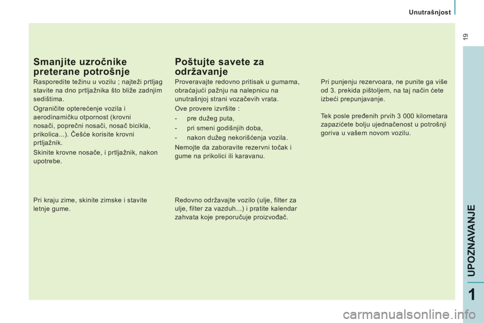 CITROEN NEMO 2013 Priručnik (in Serbian) 19
Unutrašnjost
UPOZNAVANJE
1
Smanjite uzročnike
preterane potrošnje
Rasporedite težinu u vozilu ; najteži prtljag
stavite na dno prtljažnika što bliže zadnjim
sedištima.
Ogra CITROEN NEMO 2013 Priručnik (in Serbian) 19
Unutrašnjost
UPOZNAVANJE
1
Smanjite uzročnike
preterane potrošnje
Rasporedite težinu u vozilu ; najteži prtljag
stavite na dno prtljažnika što bliže zadnjim
sedištima.
Ogra