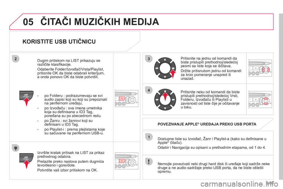 CITROEN NEMO 2013 Priručnik (in Serbian) 9.93
3
4
05
2
1
LISTREFRESH
LISTREFRESH
KORISTITE USB UTIČNICU
Izvršite kratak pritisak na LIST za prikaz prethodnog odabira.
Prelazite preko naslova putem du
gmića
levo/desno i gore/do CITROEN NEMO 2013 Priručnik (in Serbian) 9.93
3
4
05
2
1
LISTREFRESH
LISTREFRESH
KORISTITE USB UTIČNICU
Izvršite kratak pritisak na LIST za prikaz prethodnog odabira.
Prelazite preko naslova putem du
gmića
levo/desno i gore/do