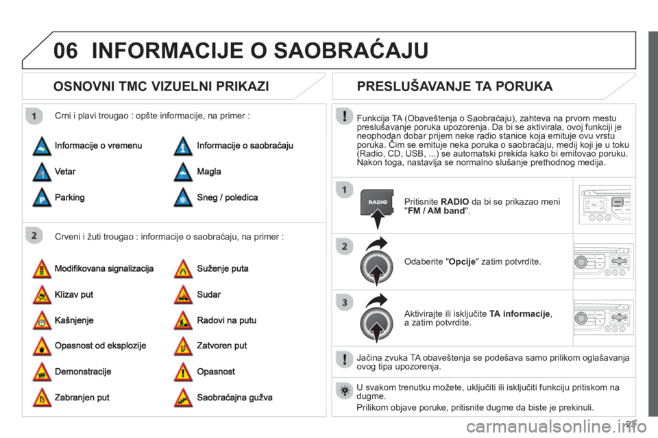 CITROEN NEMO 2013  Priručnik (in Serbian) 23
06INFORMACIJE O SAOBRAĆAJU 
OSNOVNI TMC VIZUELNI PRIKAZI
 
 Crveni i žuti trougao : informacije o saobraćaju, na primer :    
Crni i plavi trou
gao : opšte informacije, na primer : 
PRESLUŠAVA