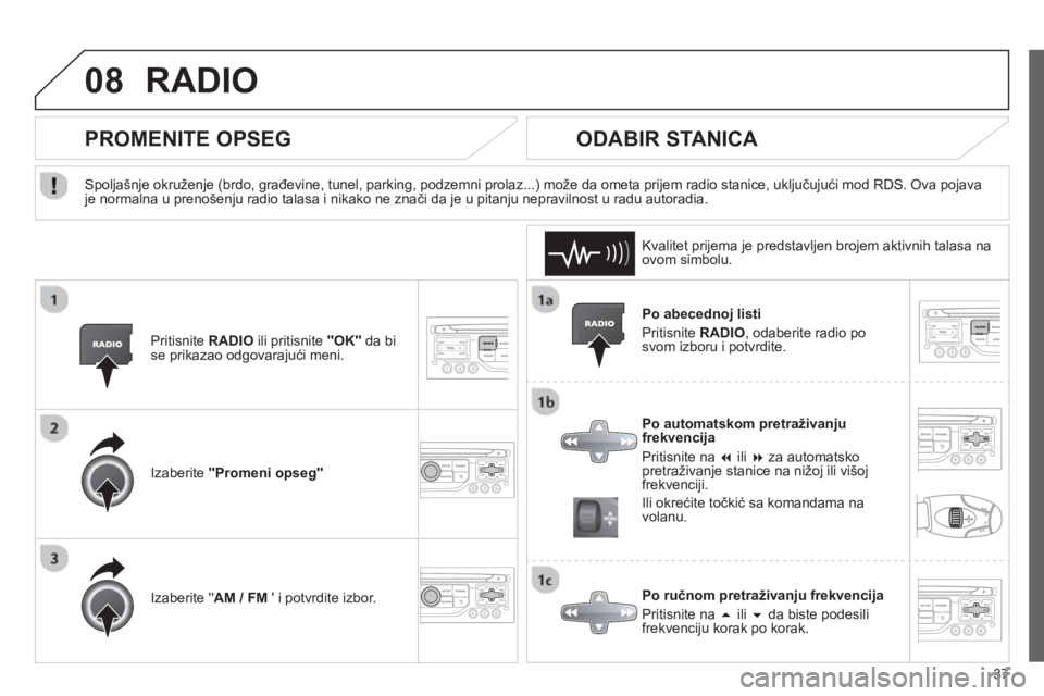 CITROEN NEMO 2013  Priručnik (in Serbian) 37
08RADIO 
   
Po abecednoj listi 
  Priti
snite  RADIO, odaberite radio po svom izboru i potvrdite.  
   
Po automatskom pretraživan
ju frekvencija
  Priti
snite na � 
 ili  � 
 za automatskopret