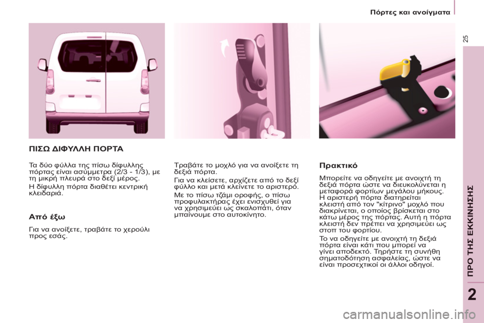 CITROEN BERLINGO MULTISPACE 2013  ΟΔΗΓΌΣ ΧΡΉΣΗΣ (in Greek) 25
   
 
Πόρτες και ανοίγματα 
 
 
ΠΡΟ ΤΗΣ ΕΚΚΙΝΗΣΗ
Σ
2
 
ΠΙΣΩ ΔΙΦΥΛΛΗ ΠΟΡΤΑ 
   
Από έξω 
 
Για να ανοίξετε, τραβάτε το χ