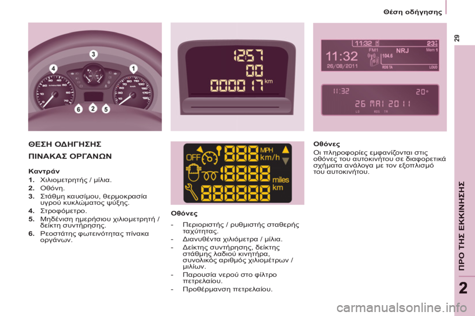 CITROEN BERLINGO MULTISPACE 2013  ΟΔΗΓΌΣ ΧΡΉΣΗΣ (in Greek) ΠΡΟ ΤΗΣ ΕΚΚΙΝΗΣΗ
Σ
22
 
 
 
Θέση οδήγησης 
 
 
 
ΠΙΝΑΚΑΣ ΟΡΓΑΝΩΝ 
 
 
 
 
Οθόνες 
 
 
ΘΕΣΗ ΟΔΗΓΗΣΗΣ 
  
 
Οθόνες 
  Οι πληροφο