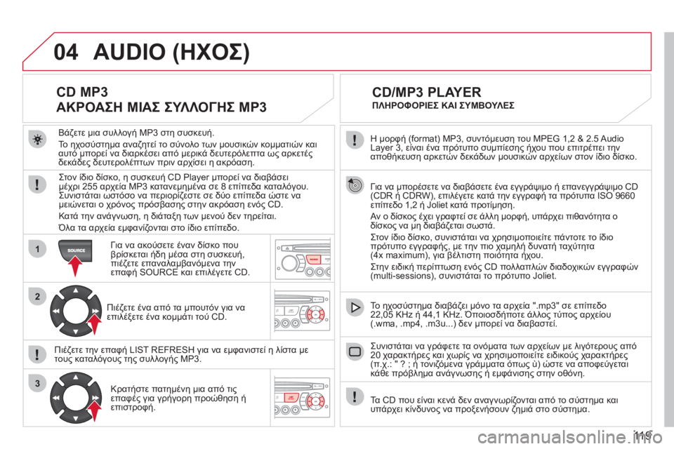 CITROEN BERLINGO FIRST 2011  ΟΔΗΓΌΣ ΧΡΉΣΗΣ (in Greek) 119
04
1
2
3
  Η μορφή (format) MP3, συντόμευση του MPEG 1,2 & 2.5 Audio 
Layer 3, είναι ένα πρότυπο συμπίεσης ήχου που επιτρέπει την 
α